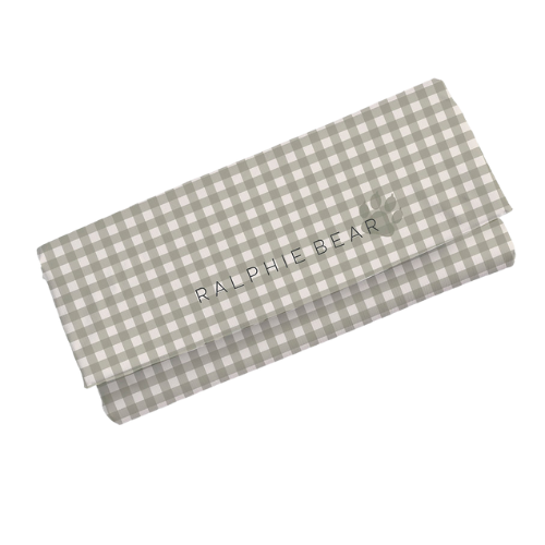 Folded gray and white checkered blanket with 'Ralphie Bear' branding on a white background