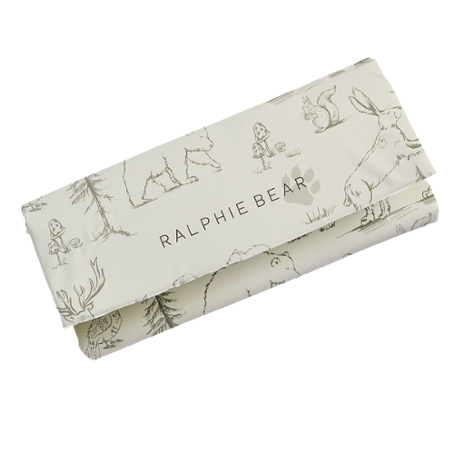 Folded fabric with 'Ralphie Bear' design on a white background