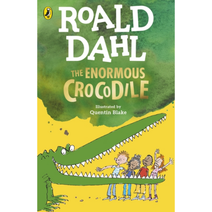 Book cover of 'The Enormous Crocodile' by Roald Dahl with a green and yellow background and cartoon characters.
