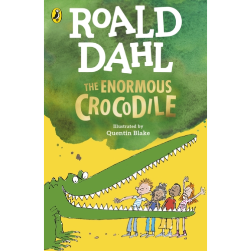Book cover of 'The Enormous Crocodile' by Roald Dahl with a green and yellow background and cartoon characters.