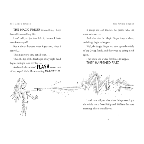 Page from a book with text and illustrations of a person using a 'Magic Finger' and experiencing an electric shock.