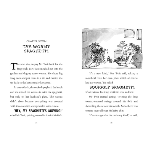 Book page with text and illustration of a child eating spaghetti.