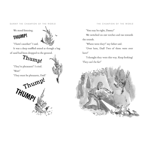 Illustrated book page with text and black and white drawings of a boy and animals.