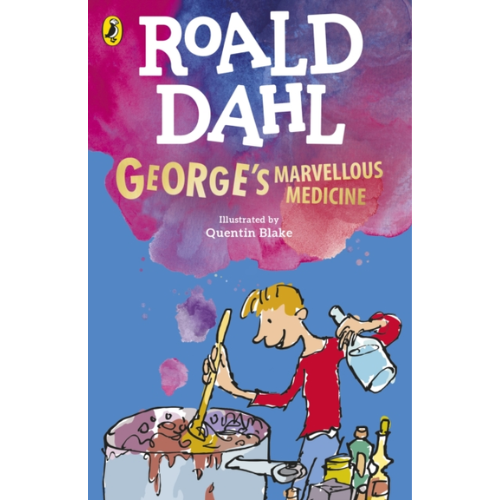 Book cover of 'George's Marvellous Medicine' by Roald Dahl with a colorful design and illustration of a child cooking.
