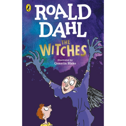 Book cover of 'The Witches' by Roald Dahl with a purple background and illustration of a witch and a child.