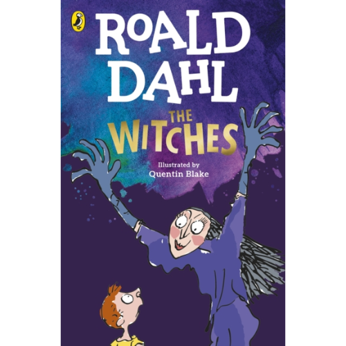 Book cover of 'The Witches' by Roald Dahl with a purple background and illustration of a witch and a child.