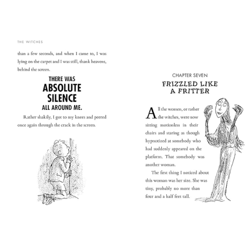 Book page with text and black and white illustrations of witches.