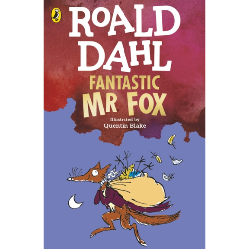 Book cover of 'Fantastic Mr Fox' by Roald Dahl with a fox illustration on a red and blue background.
