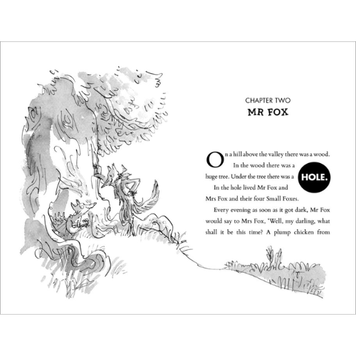 Illustration of a fox and text from a children's book, with a black circle labeled 'HOLE' on a white background.