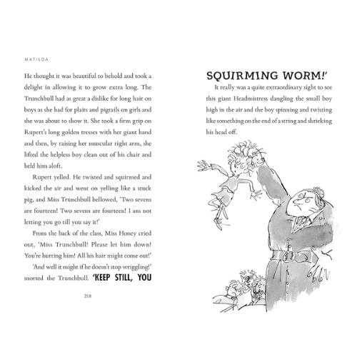Book page with text and illustration of a character holding a child above their head, labeled 'Squirming Worm'.