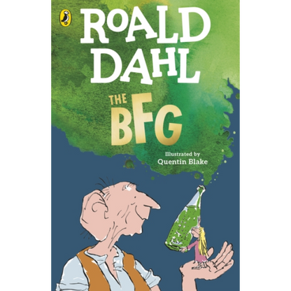 Book cover of 'The BFG' by Roald Dahl with a cartoon character holding a bottle.