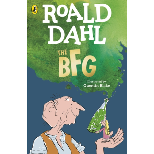 Book cover of 'The BFG' by Roald Dahl with a cartoon character holding a bottle.