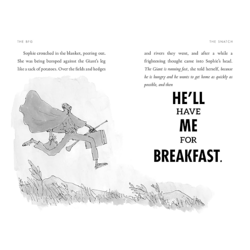 Illustration from a book with a character being hugged by a giant and text on a white background