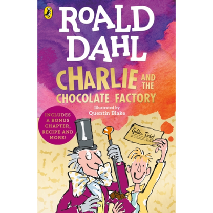 Book cover of 'Charlie and the Chocolate Factory' by Roald Dahl with colorful design and illustrations.
