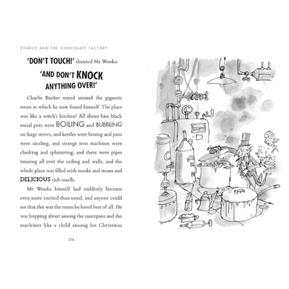 Illustrated page from 'Charlie and the Chocolate Factory' with text and kitchen scene.
