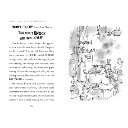 Illustrated page from 'Charlie and the Chocolate Factory' with text and kitchen scene.