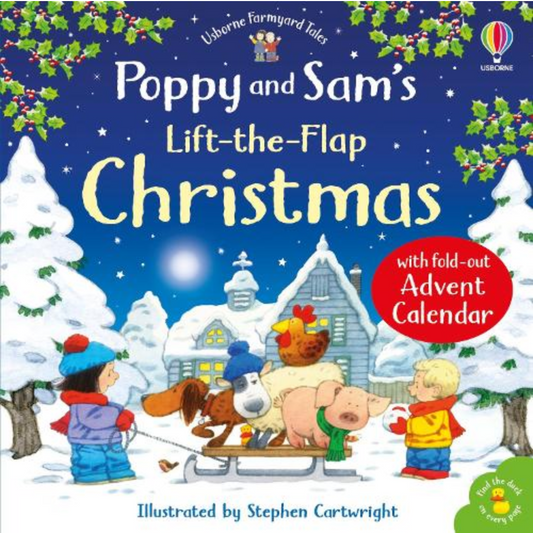 Book cover of 'Poppy and Sam's Lift-the-Flap Christmas' with a snowy scene and children on a sleigh.