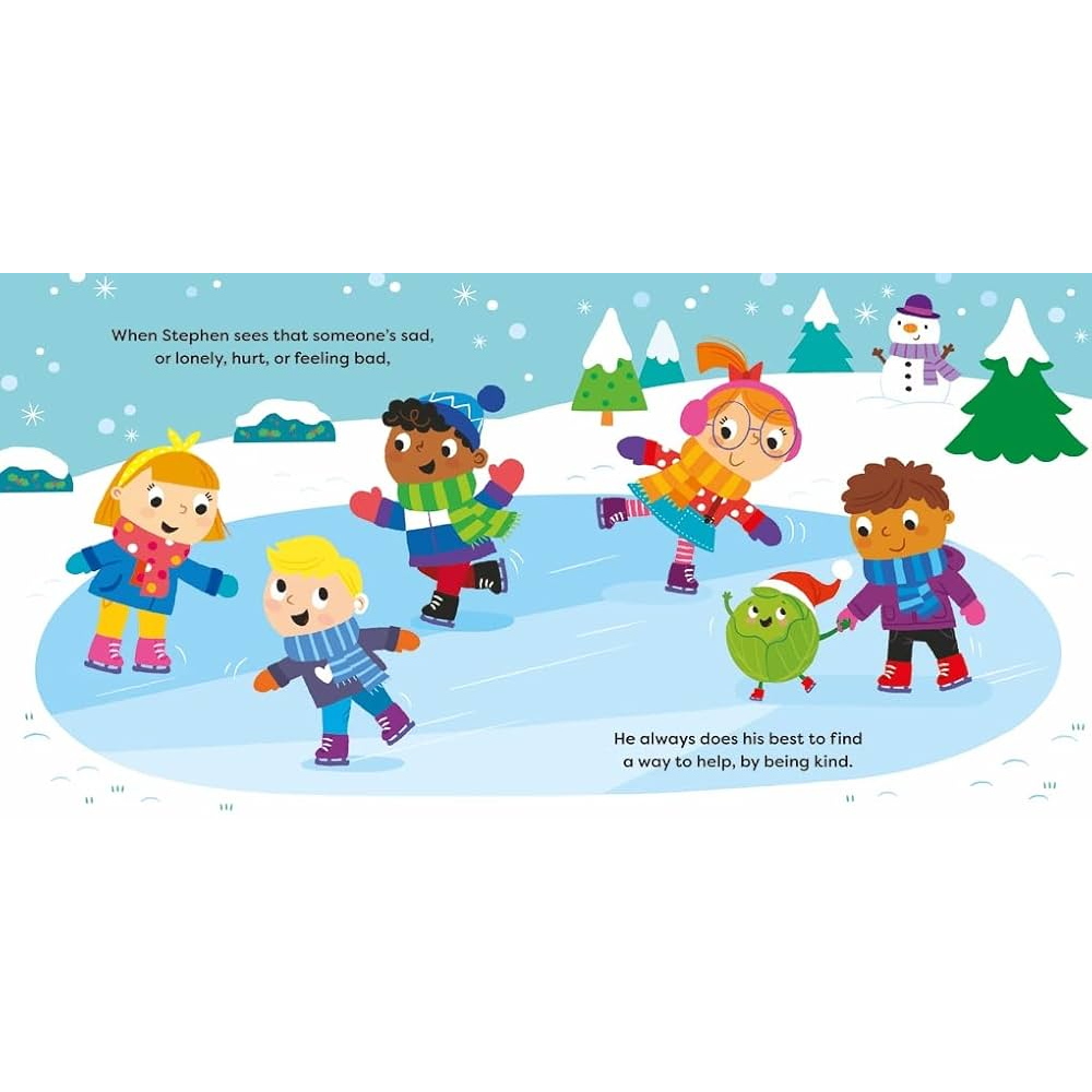 Illustration of children skating on ice with a snowy landscape.