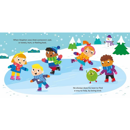 Illustration of children skating on ice with a snowy landscape.