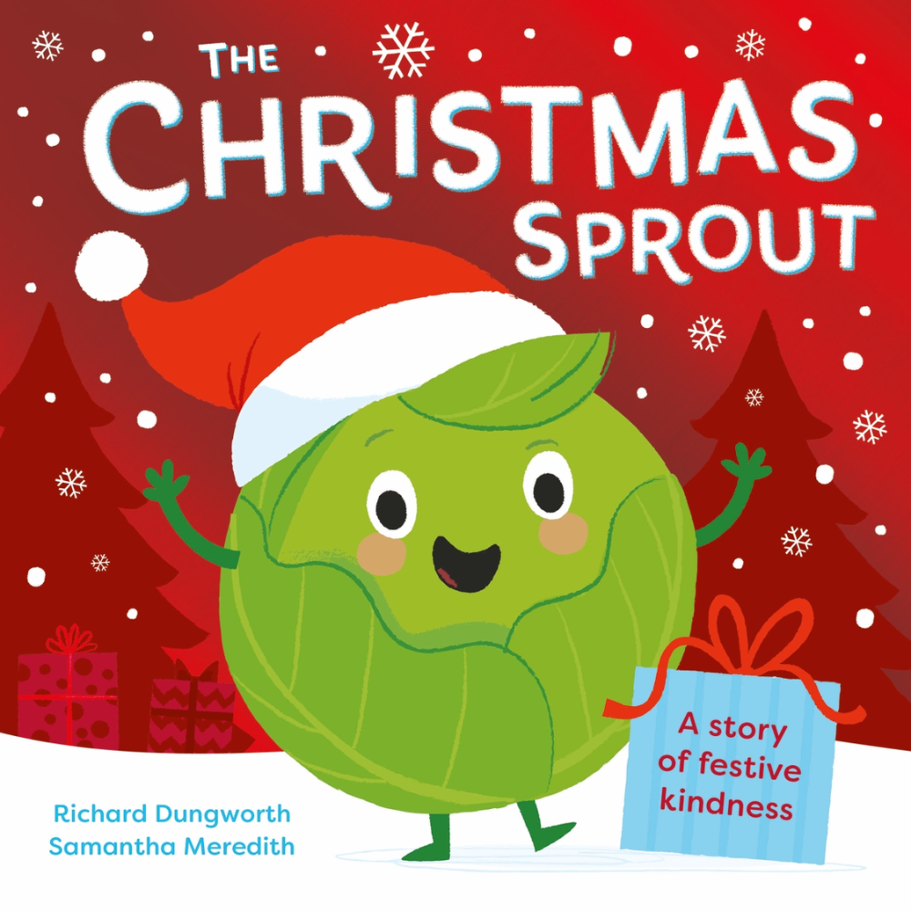 Book cover of 'The Christmas Sprout' with a sprout character wearing a Santa hat and holding a gift tag on a red background.