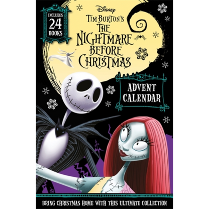 Advent calendar cover featuring characters from 'The Nightmare Before Christmas' with a moon and snowflake design.