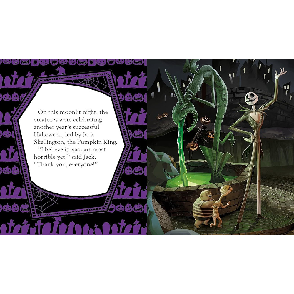 Illustration from a book featuring characters from 'The Nightmare Before Christmas' with a purple decorative border.