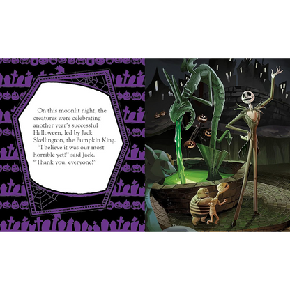 Illustration from a book featuring characters from 'The Nightmare Before Christmas' with a purple decorative border.