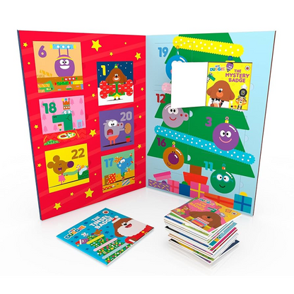 Children's Advent calendar with books and a tree design on a white background