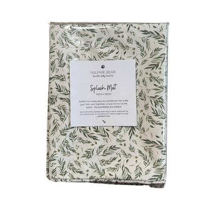 Ralphie Bear splash mat with leaf pattern and product label on a white background