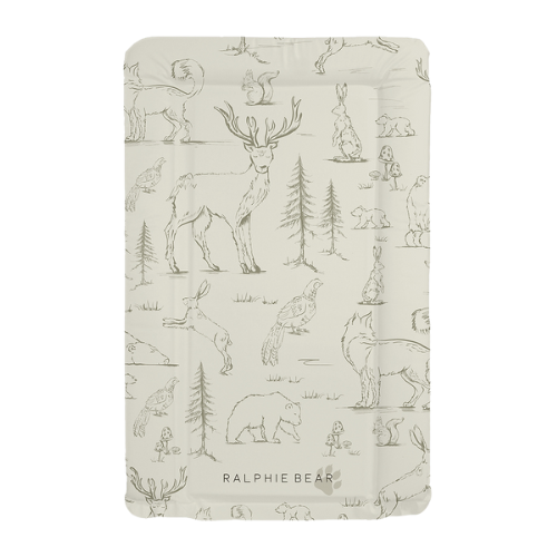 Patterned fabric with forest animals and trees on a white background, featuring the brand 'Ralphie Bear'.