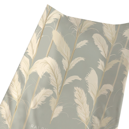 Feather-patterned fabric with 'Ralph' branding on a gray background