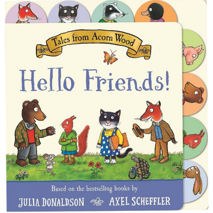 Book cover of 'Hello Friends!' from 'Tales from Acorn Wood' with animal characters and authors' names.