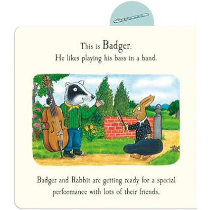 Illustration of Badger playing a bass and Rabbit with a flute, set against a scenic background.