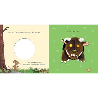 Illustration from a children's book featuring the Gruffalo and a mouse.