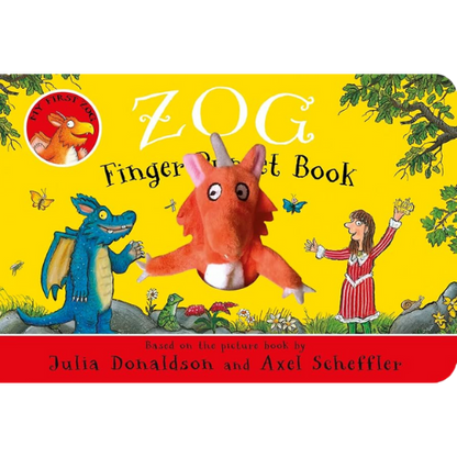 Cover of 'Zog' finger puppet book with colorful illustrations on a yellow background