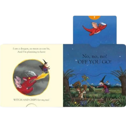 Illustrated book pages with a dragon and witch, featuring text and colorful artwork.