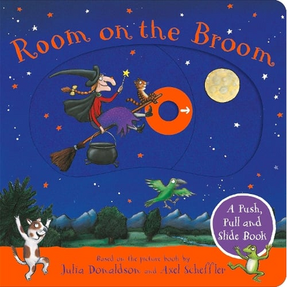 Cover of 'Room on the Broom' book with witch, tiger, and bird illustrations against a night sky.