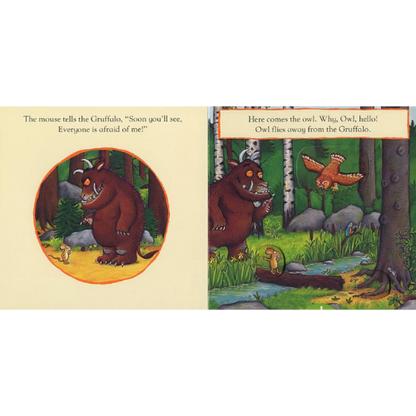 Illustration from a children's book featuring the Gruffalo and an owl in a forest setting.