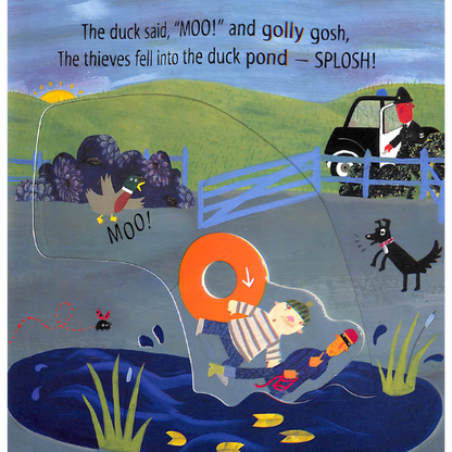 Illustrated scene with a duck, a pond, and a car with a person inside.