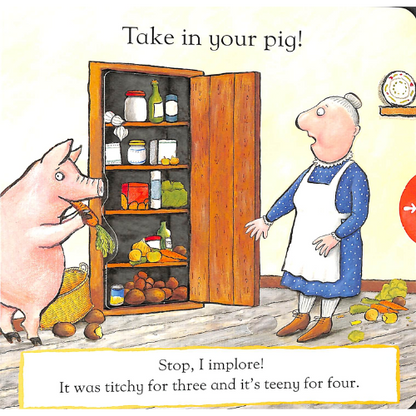 Illustration of a pig and a woman in a kitchen with a cabinet full of food.