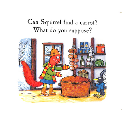 Illustration of a squirrel and a bird in a kitchen setting with text asking if the squirrel can find a carrot.