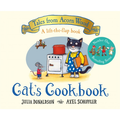 Book cover of 'Cat's Cookbook' featuring a cat and mouse in a kitchen setting.