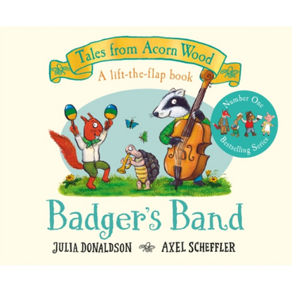 Book cover of 'Badger's Band' from 'Tales from Acorn Wood' with illustrations of animals playing music.