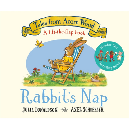 Book cover of 'Rabbit's Nap' with a rabbit in a chair and butterfly, featuring Julia Donaldson and Axel Scheffler.