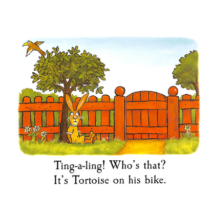 Cartoon rabbit by a fence with a tree, text 'Ting-a-ling! Who's that? It's Tortoise on his bike.'