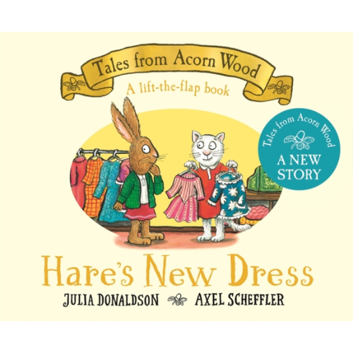 Book cover of 'Hare's New Dress' from 'Tales from Acorn Wood' series with a rabbit and cat looking at clothes.