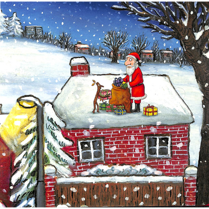 Illustration of Santa Claus on a roof with reindeer and presents, snow falling