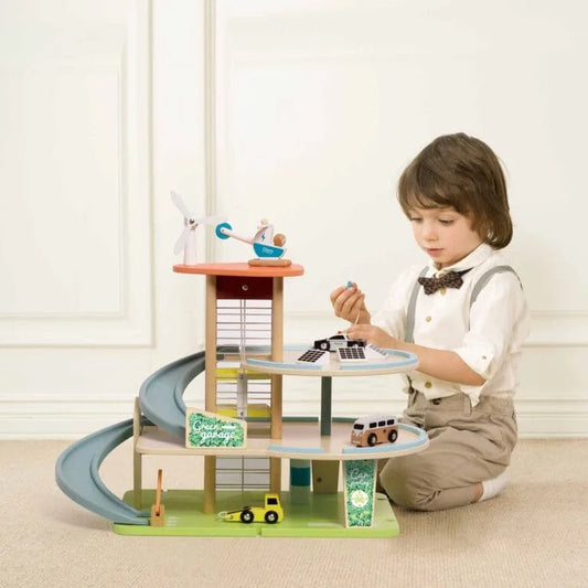 Child playing with a wooden toy set on a beige carpet
