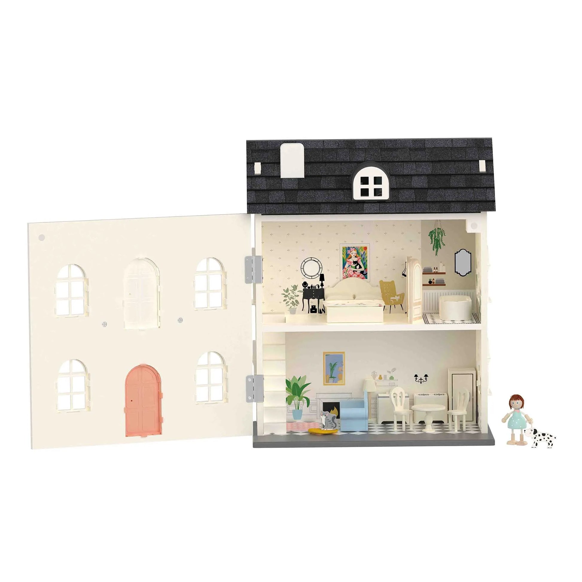 Dollhouse with interior furniture and a small figure on a white background