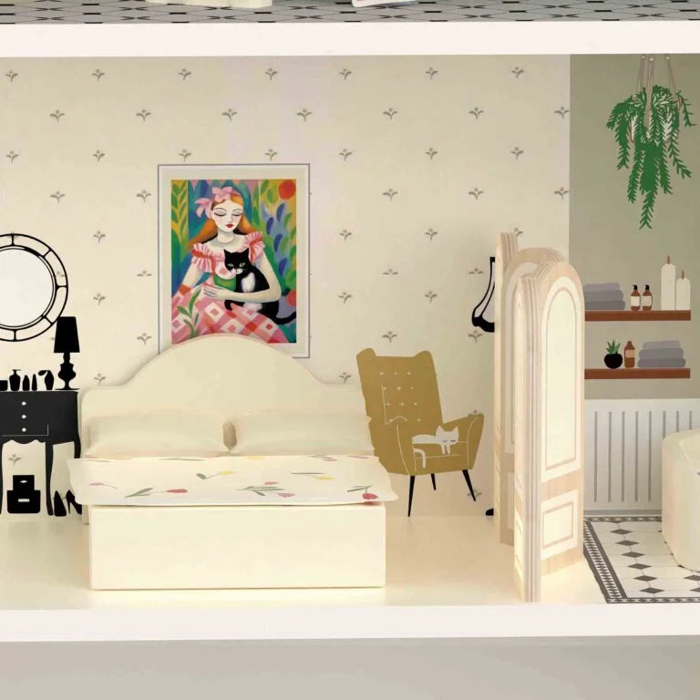 Bedroom interior with a bed, chair, and wall art.